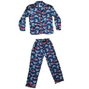 Shark Holiday Winter Flannel Blue Boys Button Down Pajamas Size 8-10 Years